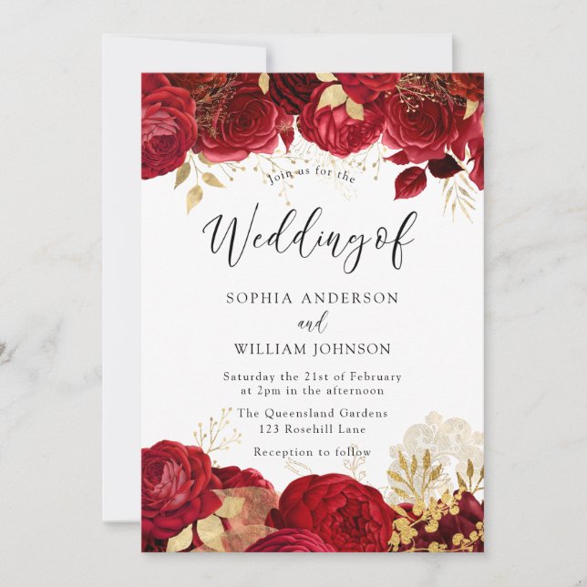 Invitation Élégant Mariage de feuille d'or Red Roses (Devant)