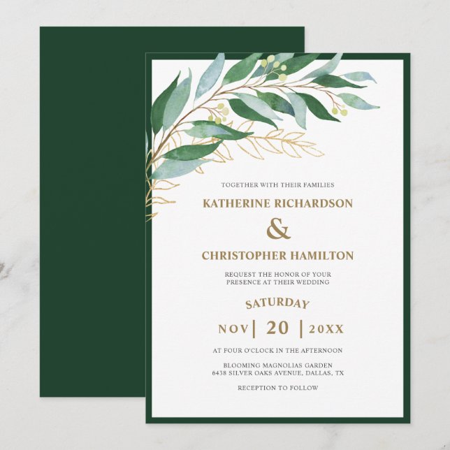 Invitation Élégant Mariage de feuille d'or verte de la forêt  (Devant / Derrière)