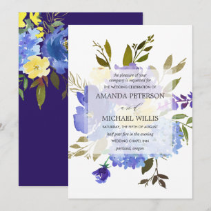 Invitation Élégant mariage de fleurs bleu et jaune ressort