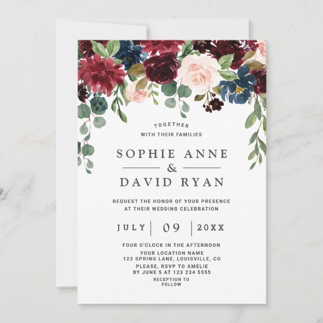 Invitation Elégant Mariage de fleurs bleues de la marine bord (Devant)