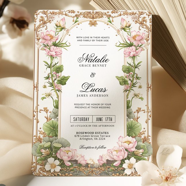 Invitation Élégant Mariage de fleurs de Lotus or rose pâle (Créateur téléchargé)