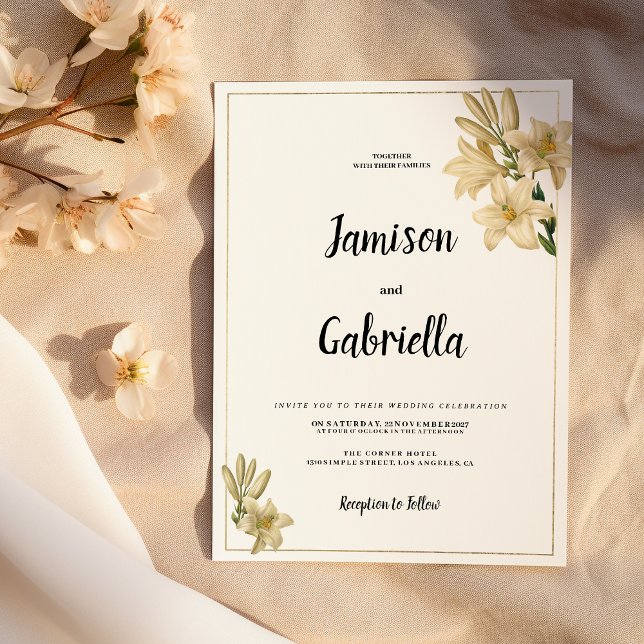 Invitation Élégant Mariage de fleurs de lys blanc vert or (Elegant gold green white lily flower Wedding )