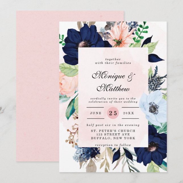 Invitation Élégant Mariage de fleurs rose pâle de la marine (Devant / Derrière)