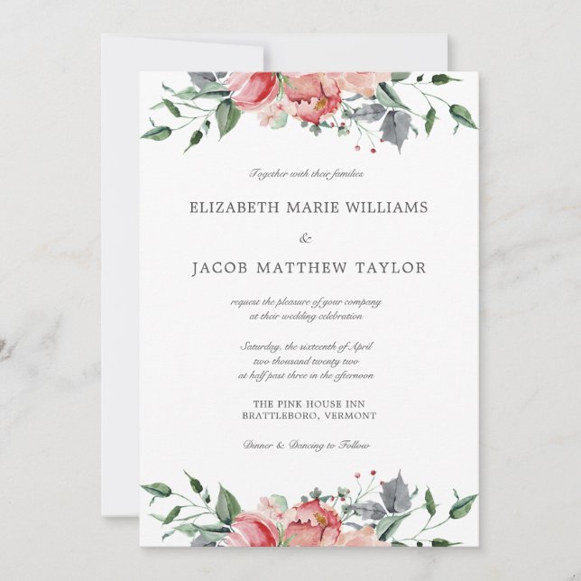 Invitation Élégant Mariage de Fleurs Roses et Calligraphie (Devant)