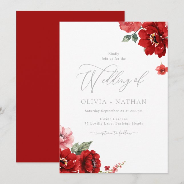 Invitation Élégant Mariage de fleurs rouges (Devant / Derrière)