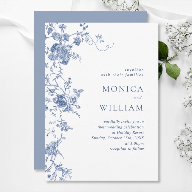 Invitation Élégant Mariage de Floral Bleu Victorien Français (Créateur téléchargé)