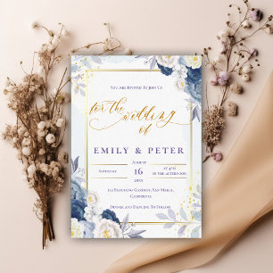 Invitation Elégant Mariage de frontière bleu floral or Dusty