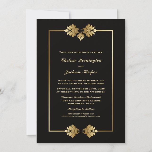 Invitation Élégant Mariage de frontière noir et or (Devant)