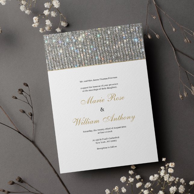 Invitation Élégant Mariage de glam parties scintillant or bla (Elegant white gold silver glitter glam Wedding Invitation )