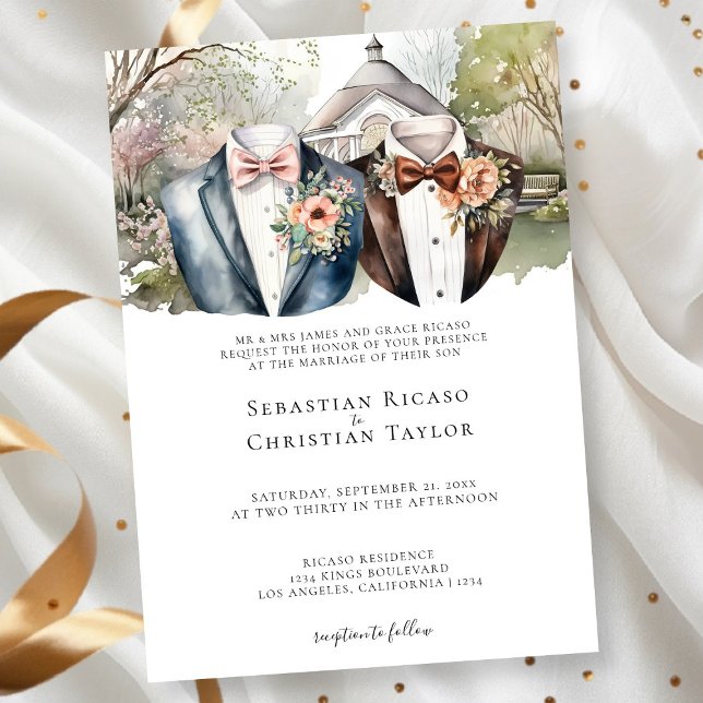 Invitation Elégant mariage de jardin gai deux pièces en costu (Elegant Gay Garden Wedding Two Grooms in Suits Invitation by Ricaso. Same sex wedding invites)