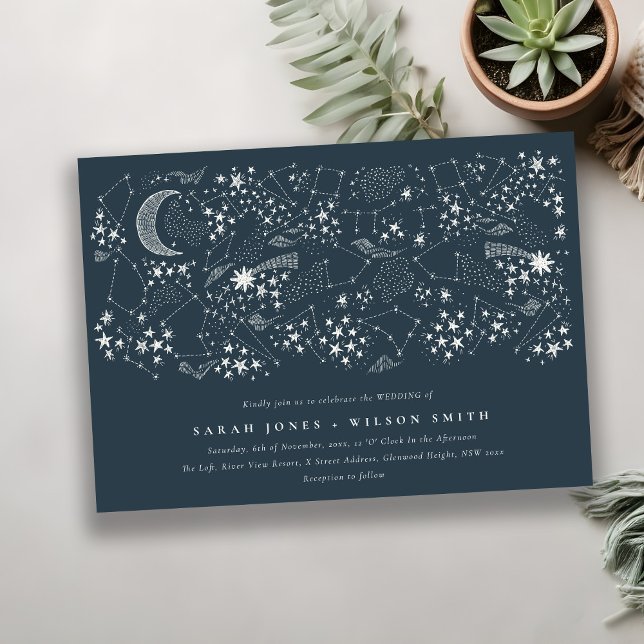 Invitation Élégant Mariage de la Lune de nuit étoilée de la M (Créateur téléchargé)