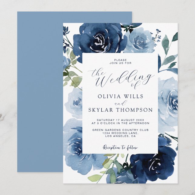 Invitation Elégant Mariage de la marine bleu clair (Devant / Derrière)