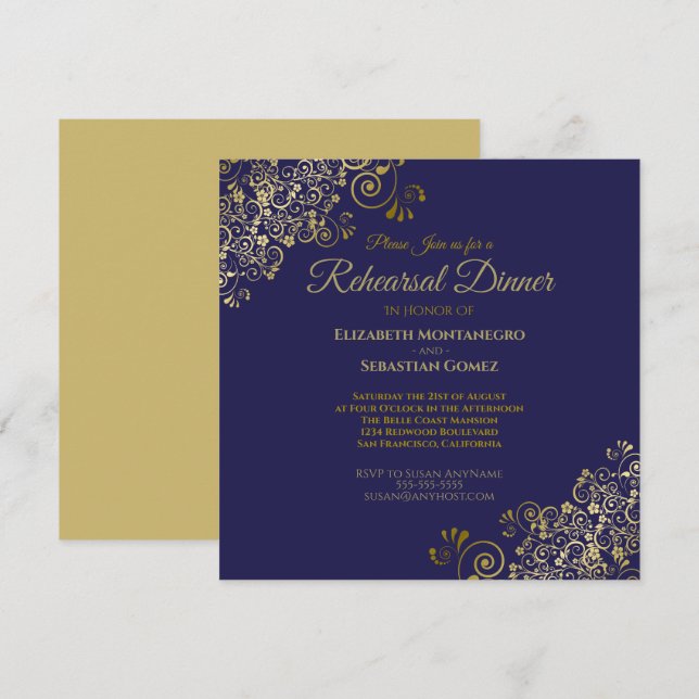 Invitation Élégant Mariage de la Marine d'or Dîner de répétit (Devant / Derrière)