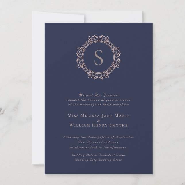 Invitation Élégant Mariage de la marine en cuivre monogramme (Devant)