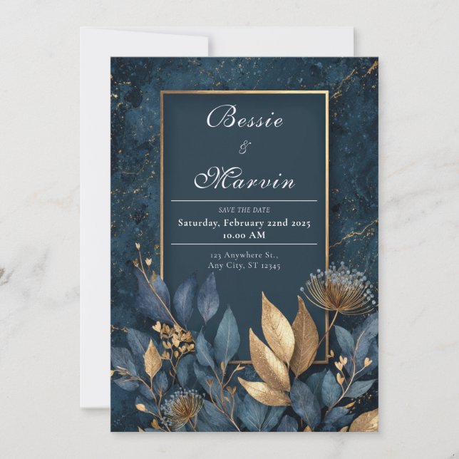 Invitation Elégant Mariage de la marine et de la feuille d'or (Devant)