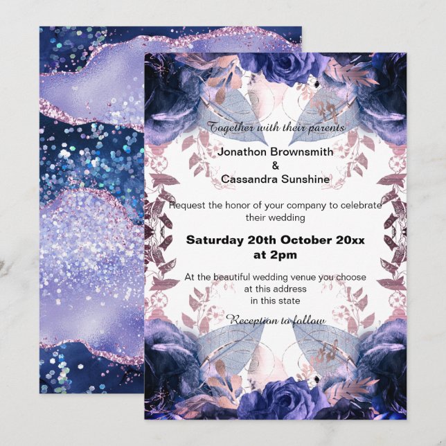 INVITATION ÉLÉGANT MARIAGE DE LA MARINE FLORALE PURANT (Devant / Derrière)