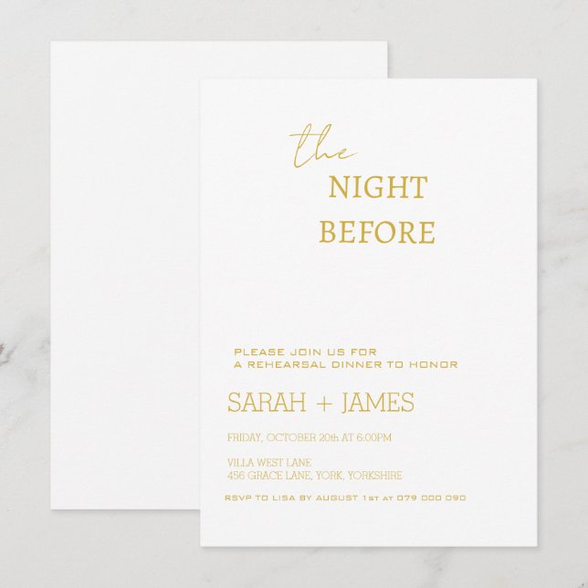 Invitation Élégant Mariage de la répétition blanche et or (Devant / Derrière)
