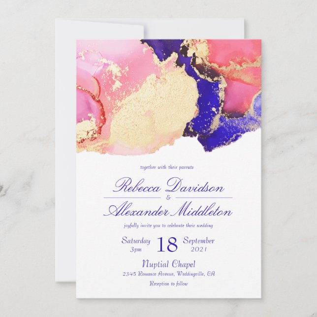 Invitation Élégant Mariage de lavage d'encre rose or et viole (Devant)