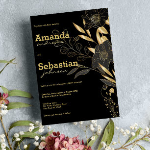 Invitation Elégant mariage de luxe floral or noir élégant