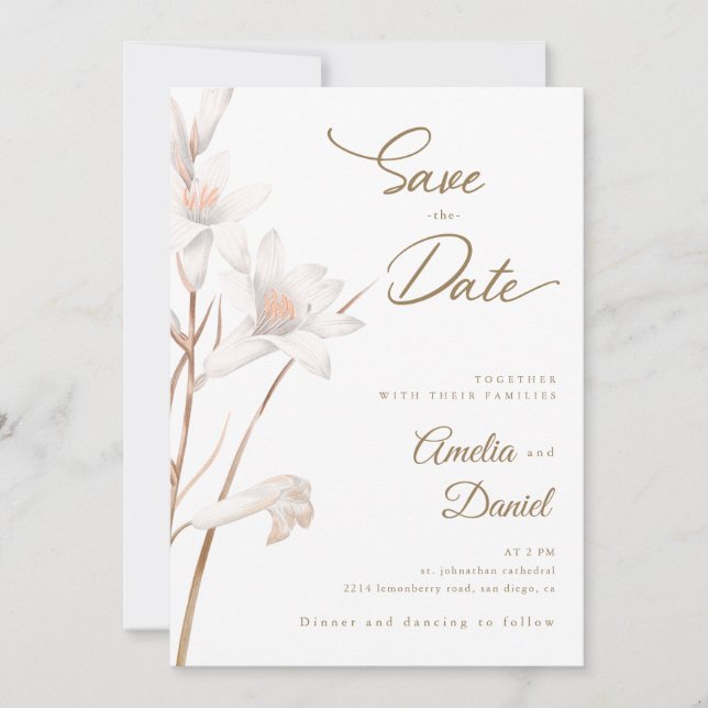 Invitation Elégant mariage de lys blancs Enregistrer la date (Devant)