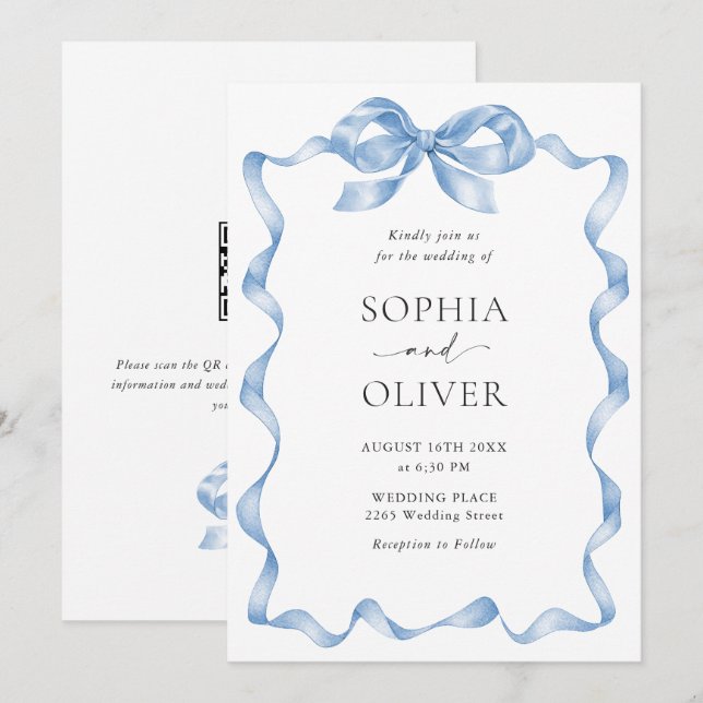 Invitation Élégant Mariage de mâchoire bleu Dusty (Devant / Derrière)