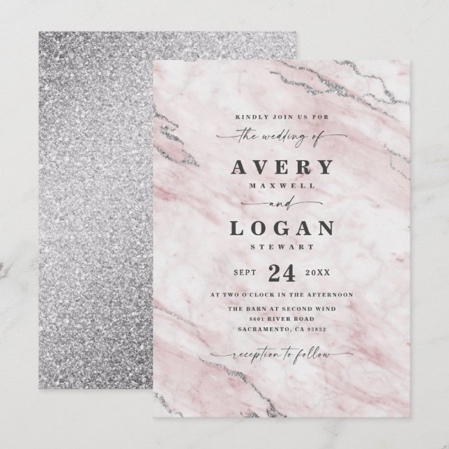 Invitation Élégant Mariage de marbre et de Parties scintillan (Devant / Derrière)