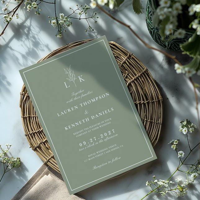 Invitation Élégant Mariage de monogramme à feuilles vertes de (Créateur téléchargé)