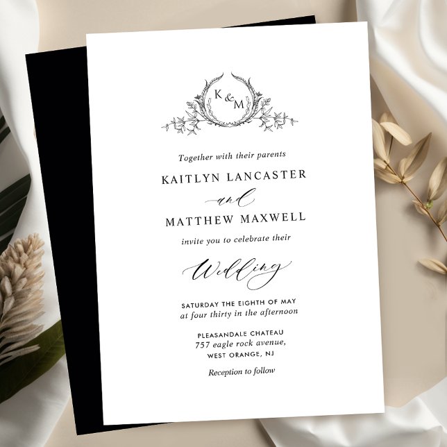 Invitation Élégant Mariage de monogramme blanc et noir (Créateur téléchargé)