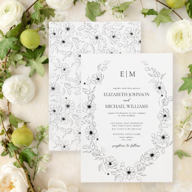 Invitation Élégant Mariage de monogramme floral noir et blanc (Easily personalize this floral wedding invite with your unique details for an elegant wedding)