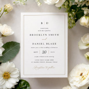 Invitation Élégant Mariage de Monogramme Formal Noir et Or