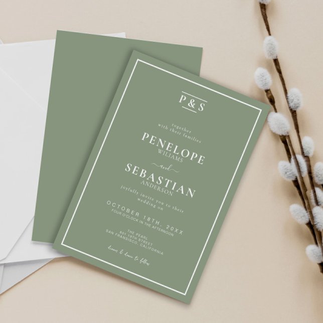 Invitation Élégant Mariage de monogramme formel Sage Green (Créateur téléchargé)