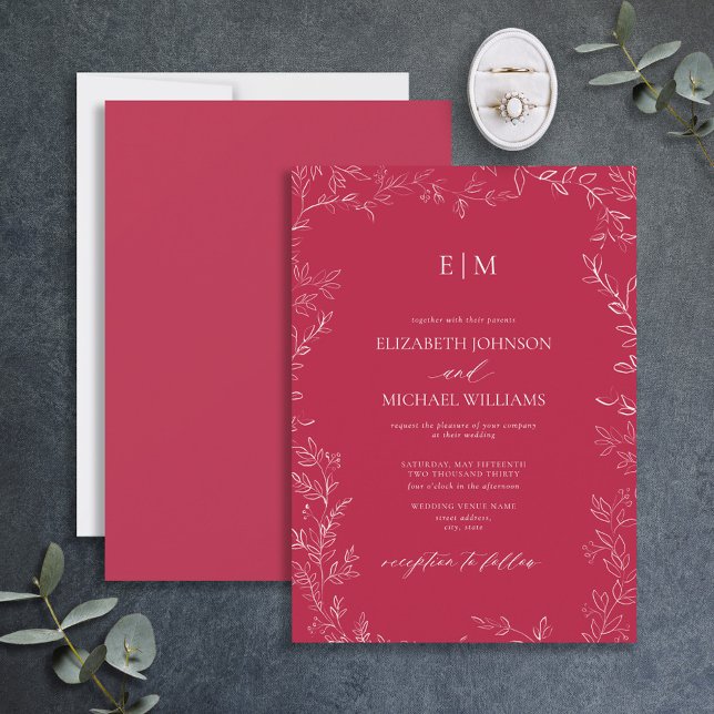 Invitation Élégant Mariage de monogramme Magenta Vivid Feuill (Créateur téléchargé)