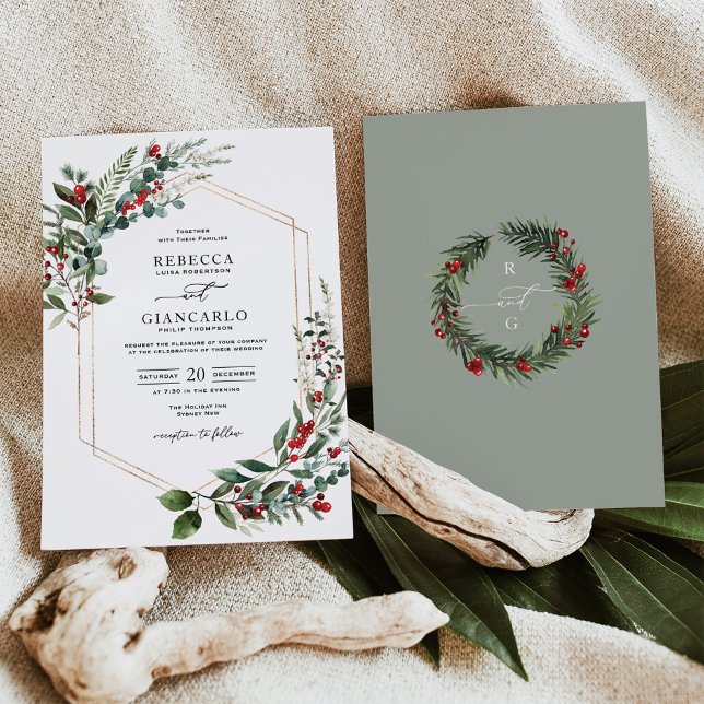 Invitation Elégant Mariage de Noël de la verdure des baies ro (Créateur téléchargé)