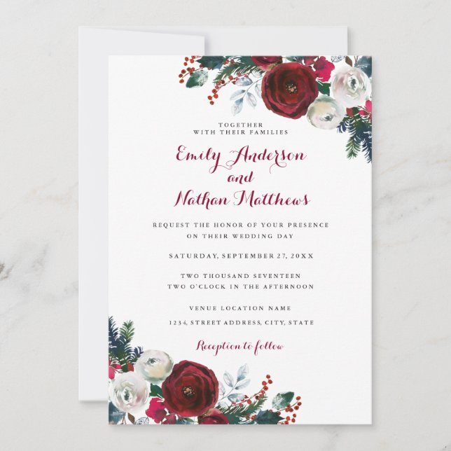 Invitation Élégant Mariage de Noël Floral Bourgogne (Devant)