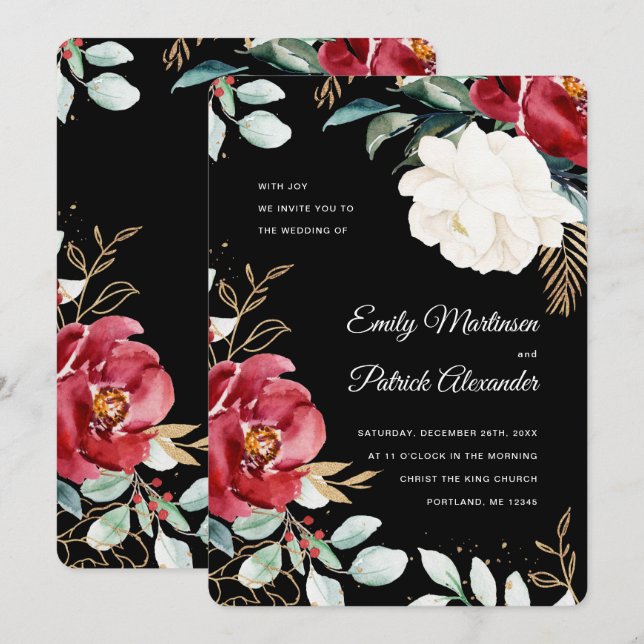 Invitation Élégant Mariage de Noël Floral Noir (Devant / Derrière)