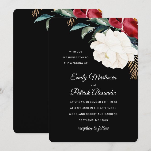 Invitation Élégant Mariage de Noël Floral Noir (Devant / Derrière)