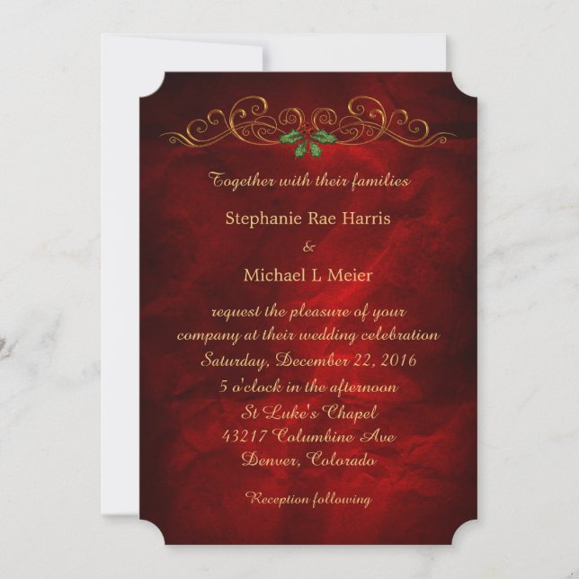 Invitation Élégant Mariage de Noël Red Holly (Devant)