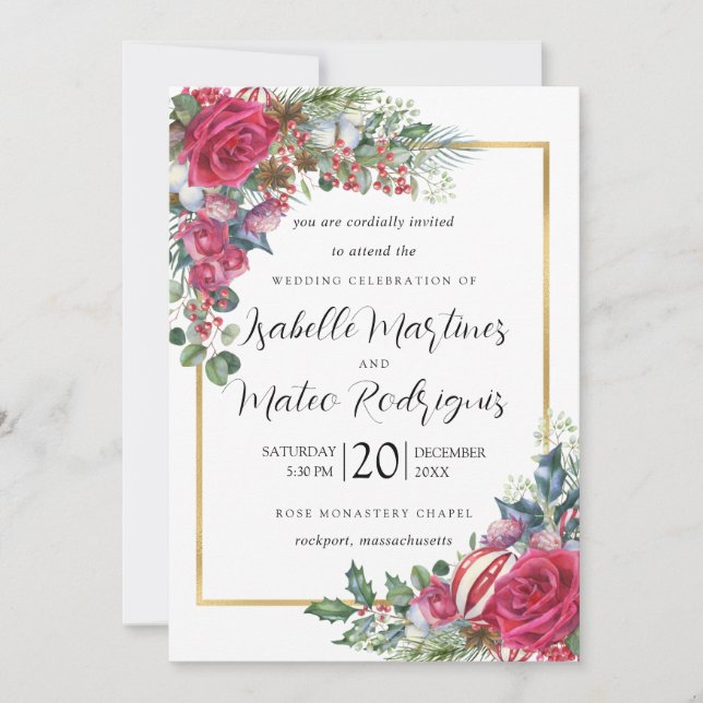 Invitation Élégant Mariage de Noël Rouge Blanc Floral (Devant)