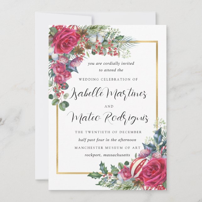 Invitation Élégant Mariage de Noël Rouge Blanc Floral (Devant)