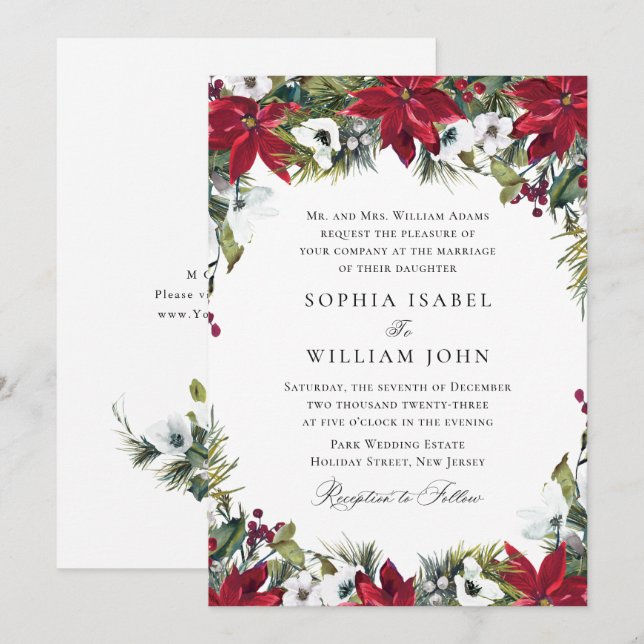 Invitation Élégant Mariage de Noël Rouge Poinsettia (Devant / Derrière)