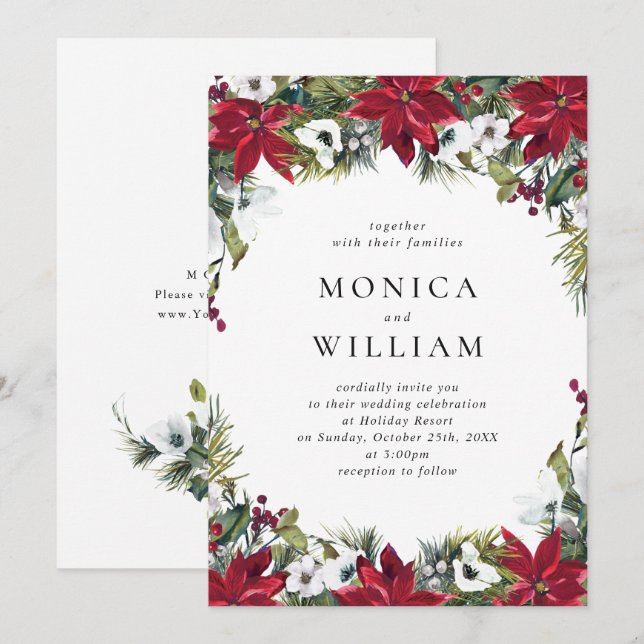 Invitation Élégant Mariage de Noël Rouge Poinsettia (Devant / Derrière)