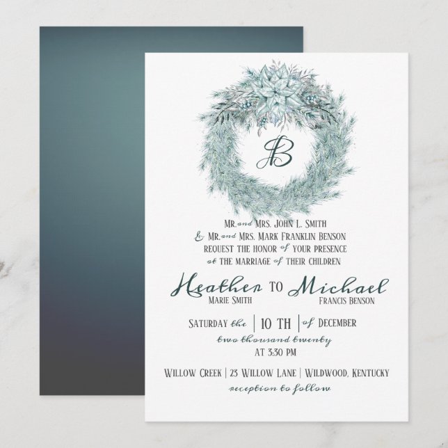 Invitation Élégant Mariage de Noël vert argent (Devant / Derrière)