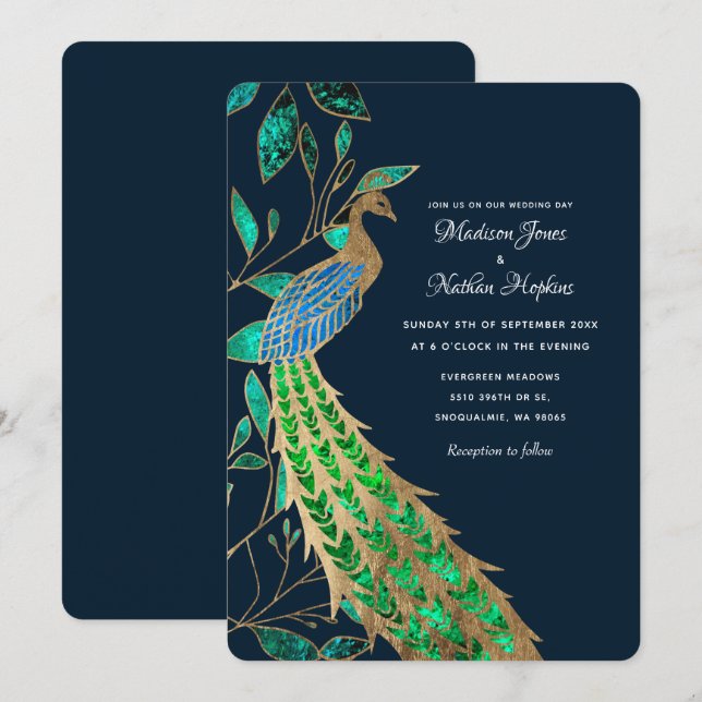 Invitation Élégant Mariage de paon à bijoux (Devant / Derrière)