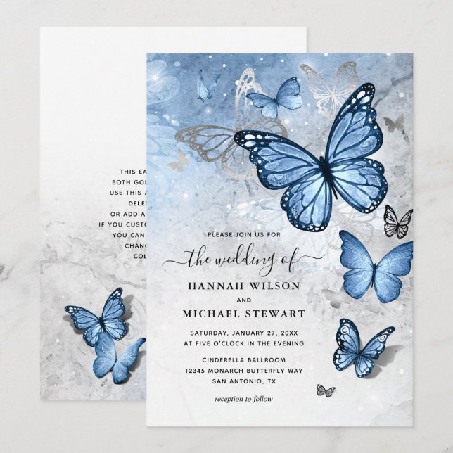 Invitation Élégant Mariage de papillon bleu Dusty en argent (Devant / Derrière)