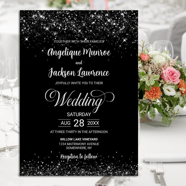 Invitation Élégant Mariage de Parties scintillant noire (Créateur téléchargé)