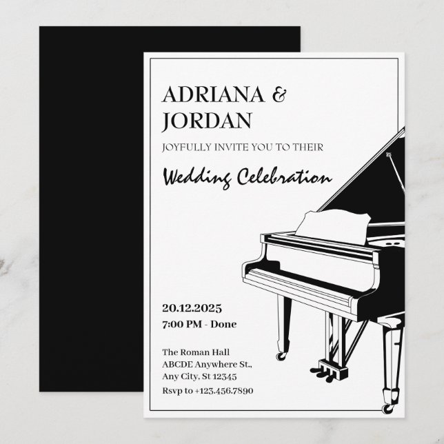 Invitation Élégant mariage de piano (Devant / Derrière)