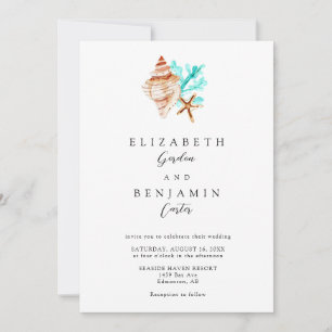 Invitation Élégant mariage de plage à l'aquarelle coquillages