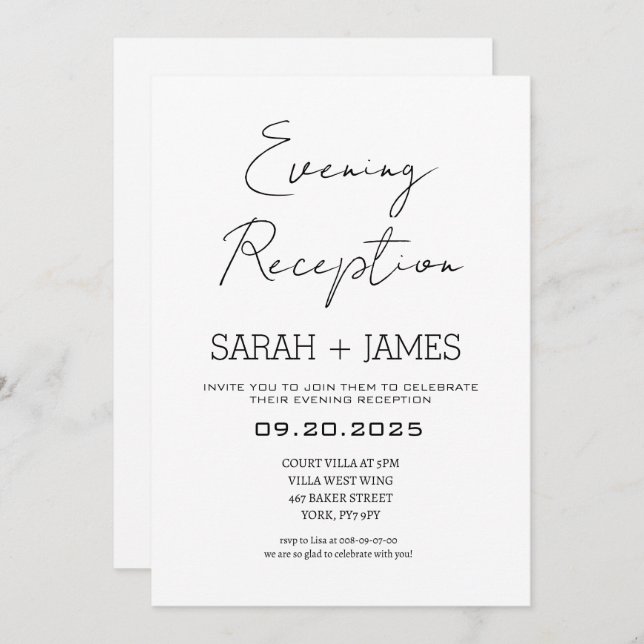 Invitation Elégant Mariage de réception Noir Blanc (Devant / Derrière)