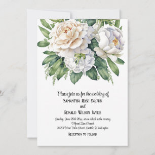 Invitation Élégant Mariage de roses et pivoines blanches
