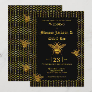 Invitation Élégant Mariage de ruche d'abeille en or noir